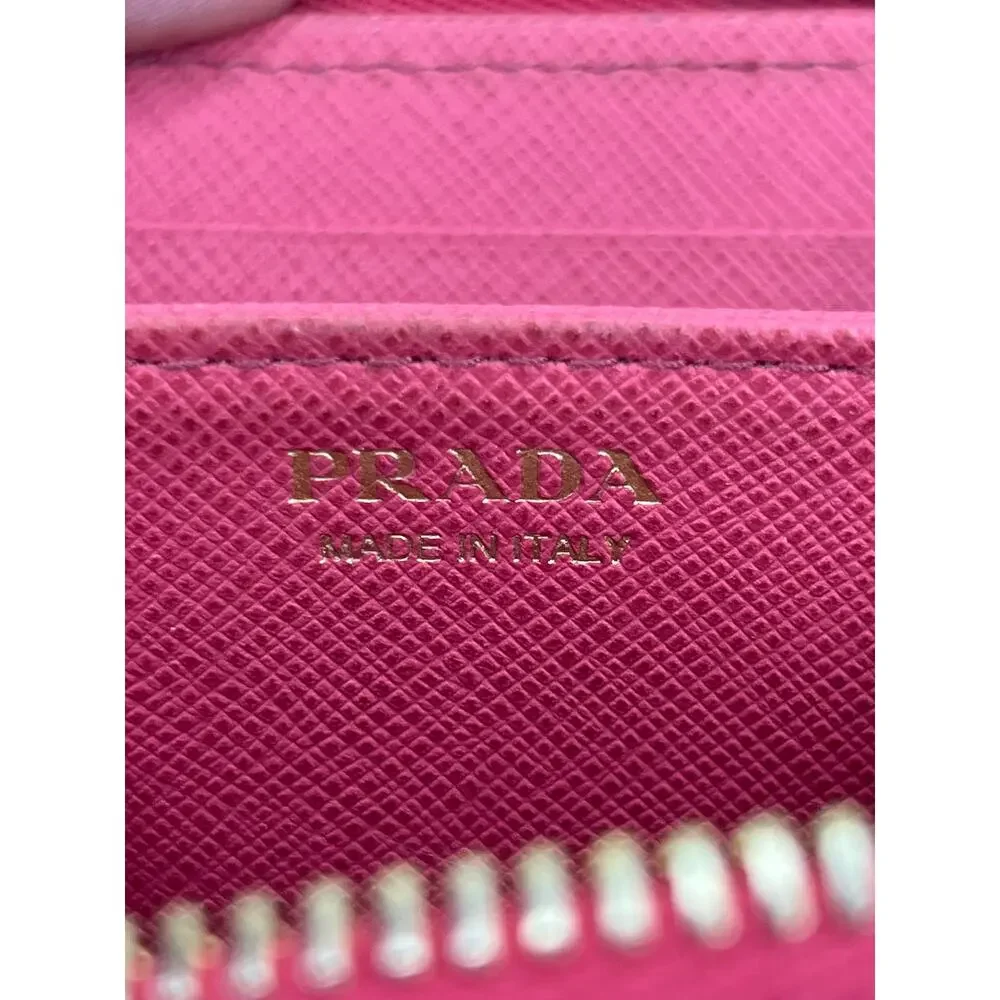 Prada Saffiano Leather Zip Coin Purse Compact Wallet Pink Gold Logo Italy Small